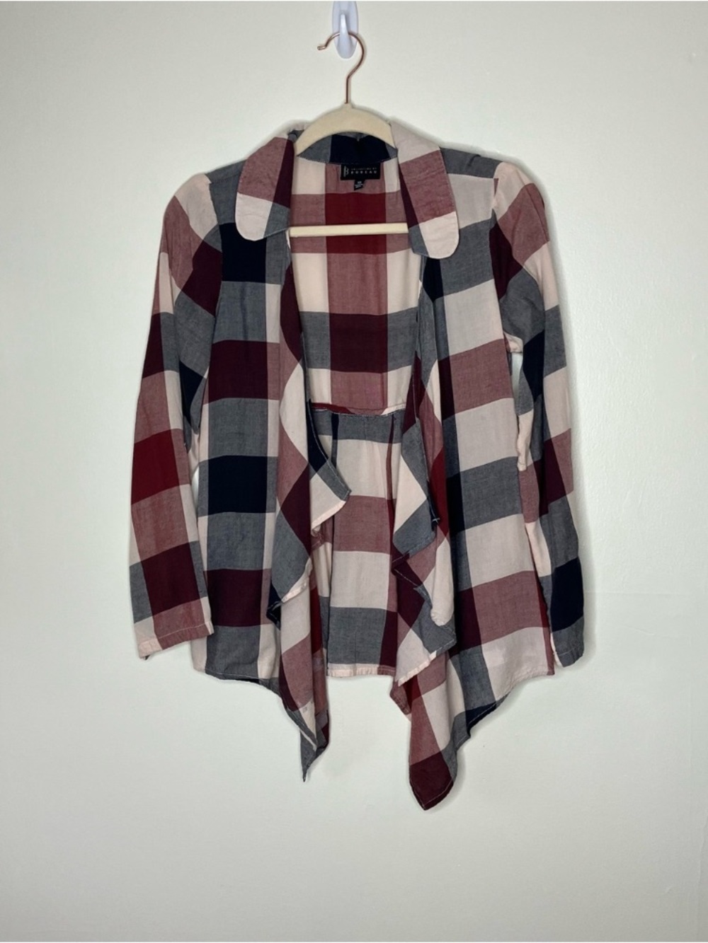 Bobeau burgundy navy cream buffalo check plaid open front shirt XS